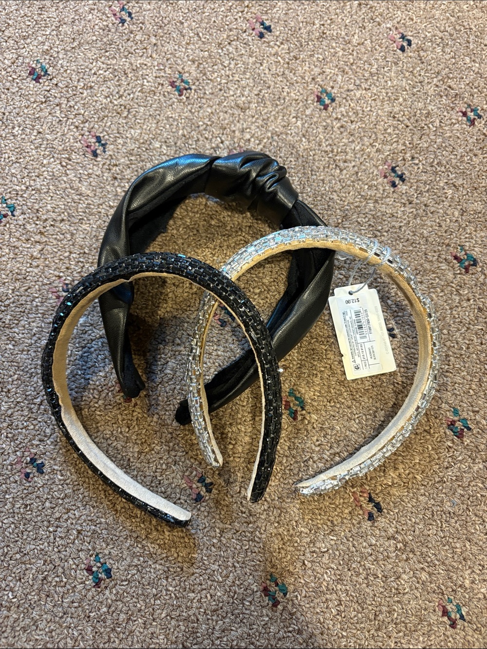 Women’s Rhinestone and Faux-Leather Headband Set - Black and Silver